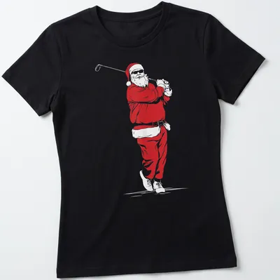 Minimalist Santa Claus illustration playing golf in red and white — printed on a women's shirt