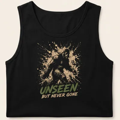 Sasquatch silhouette with splash art style and text 'Unseen But Never Gone.' — printed on a tank top