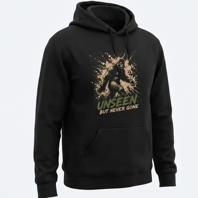 Sasquatch silhouette with splash art style and text 'Unseen But Never Gone.' — printed on a unisex hoodie