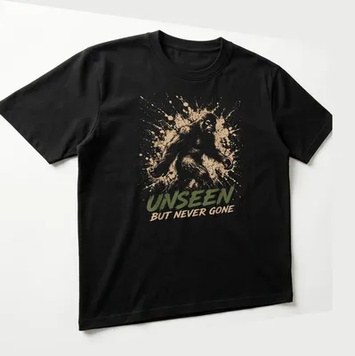 Sasquatch silhouette with splash art style and text 'Unseen But Never Gone.' — printed on a unisex t-shirt (angled view)