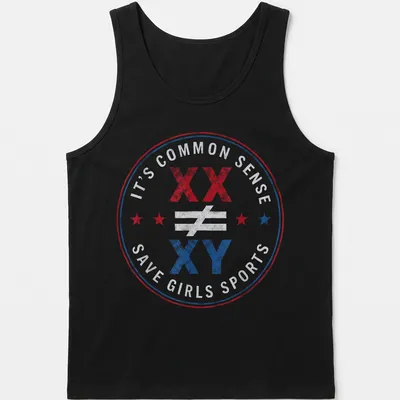 Bold badge design advocating for gender equality in sports with text and symbols. — printed on a tank top