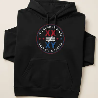 Bold badge design advocating for gender equality in sports with text and symbols. — printed on a unisex hoodie