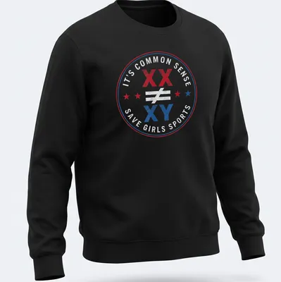 Bold badge design advocating for gender equality in sports with text and symbols. — printed on a unisex sweatshirt