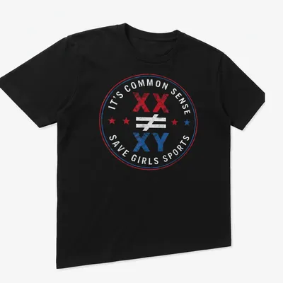 Bold badge design advocating for gender equality in sports with text and symbols. — printed on a unisex t-shirt (angled view)