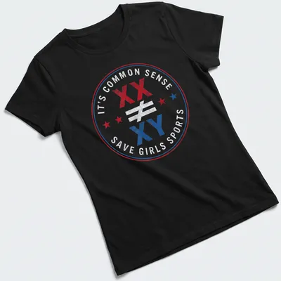 Bold badge design advocating for gender equality in sports with text and symbols. — printed on a women's shirt
