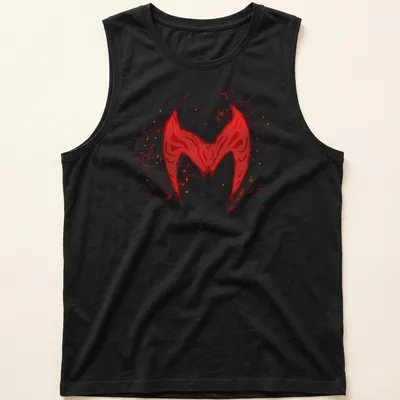 Scarlet Witch symbol illustrated in red and gold with magical effects — printed on a tank top