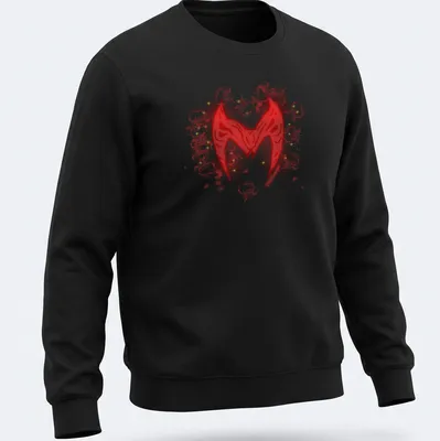 Scarlet Witch symbol illustrated in red and gold with magical effects — printed on a unisex sweatshirt