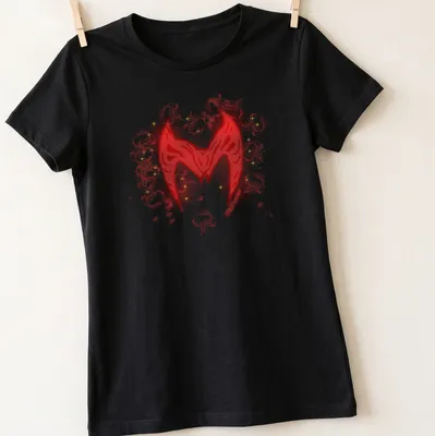 Scarlet Witch symbol illustrated in red and gold with magical effects — printed on a women's shirt
