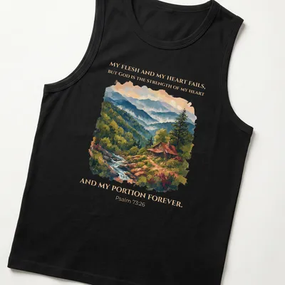 Realistic cabin landscape t-shirt with Psalm 73:26 printed text — printed on a tank top