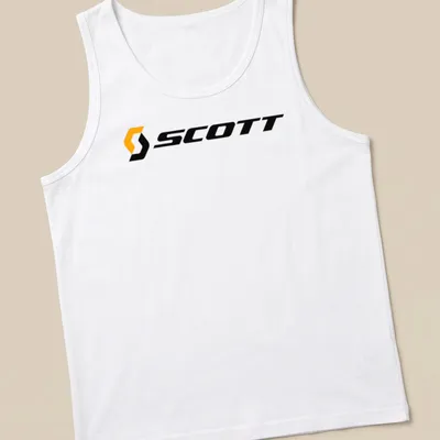 Scott bike logo shirt featuring bold orange lettering on a black background — printed on a tank top