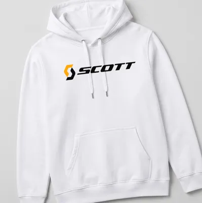 Scott bike logo shirt featuring bold orange lettering on a black background — printed on a unisex hoodie