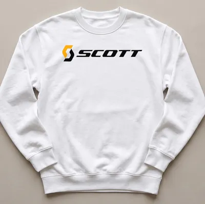 Scott bike logo shirt featuring bold orange lettering on a black background — printed on a unisex sweatshirt