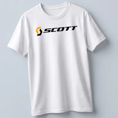 Scott bike logo shirt featuring bold orange lettering on a black background