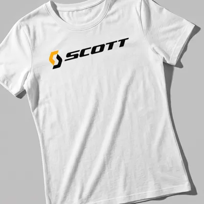 Scott bike logo shirt featuring bold orange lettering on a black background — printed on a women's shirt