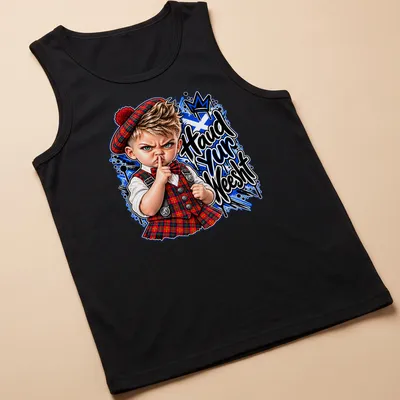 Cartoon print of a Scottish boy in tartan with the phrase 'Haud yur Weesht' — printed on a tank top