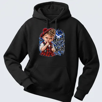 Cartoon print of a Scottish boy in tartan with the phrase 'Haud yur Weesht' — printed on a unisex hoodie
