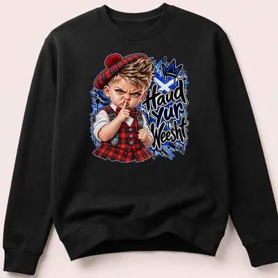 Cartoon print of a Scottish boy in tartan with the phrase 'Haud yur Weesht' — printed on a unisex sweatshirt