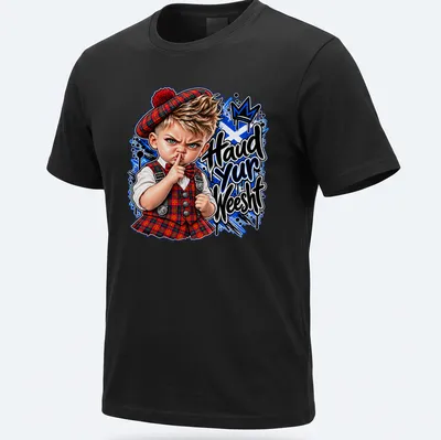 Cartoon print of a Scottish boy in tartan with the phrase 'Haud yur Weesht' — printed on a unisex t-shirt