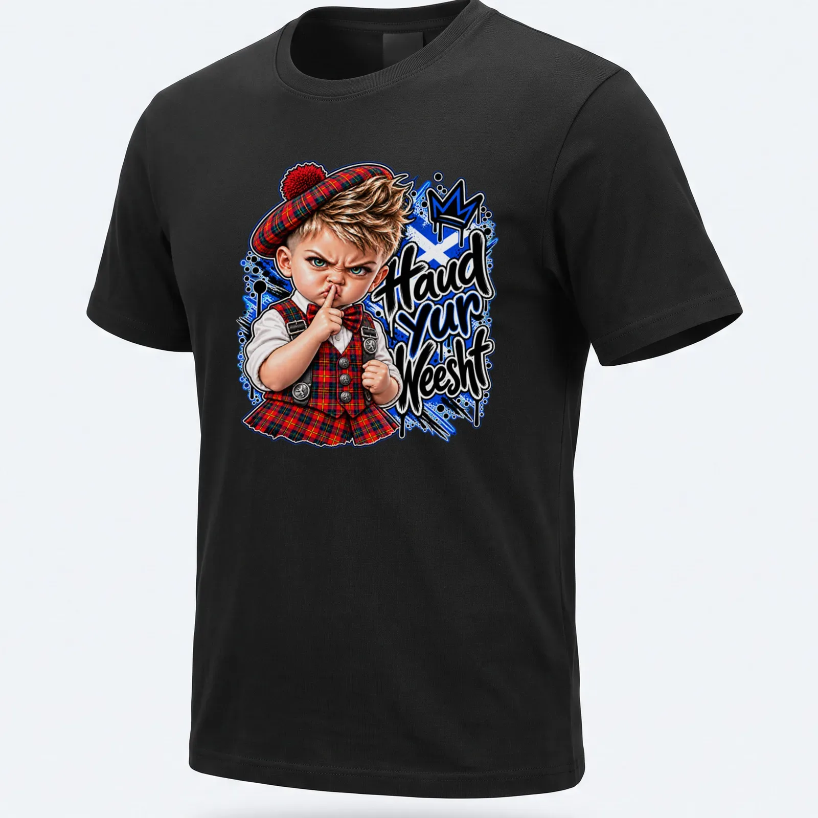 Cartoon print of a Scottish boy in tartan with the phrase 'Haud yur Weesht' — printed on a unisex t-shirt