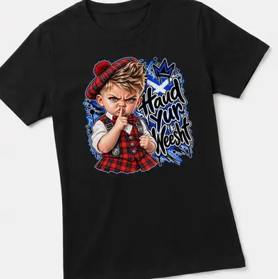 Cartoon print of a Scottish boy in tartan with the phrase 'Haud yur Weesht' — printed on a women's shirt