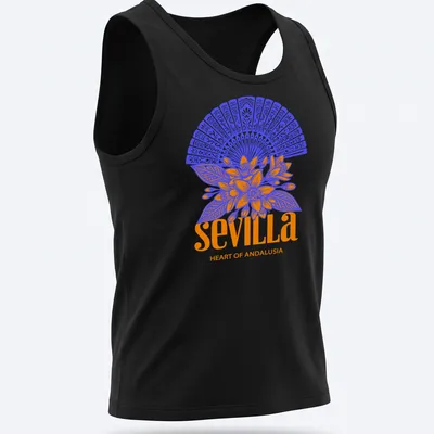 Vibrant floral fan graphic with Sevilla Heart of Andalusia text in blue and orange — printed on a tank top