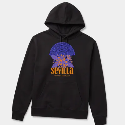 Vibrant floral fan graphic with Sevilla Heart of Andalusia text in blue and orange — printed on a unisex hoodie