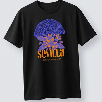 Vibrant floral fan graphic with Sevilla Heart of Andalusia text in blue and orange