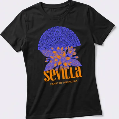 Vibrant floral fan graphic with Sevilla Heart of Andalusia text in blue and orange — printed on a women's shirt