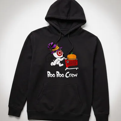 Cartoon dog in witch hat with pumpkin and shopping cart, text: Target Team Member — printed on a unisex hoodie