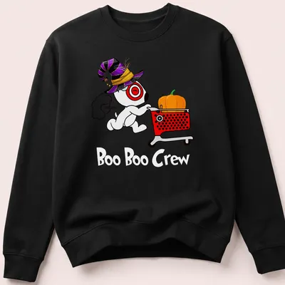 Cartoon dog in witch hat with pumpkin and shopping cart, text: Target Team Member — printed on a unisex sweatshirt