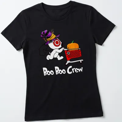 Cartoon dog in witch hat with pumpkin and shopping cart, text: Target Team Member — printed on a women's shirt