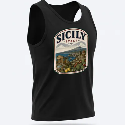 Vintage illustration of Sicily's landscape and architecture with text. — printed on a tank top