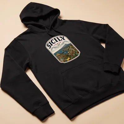 Vintage illustration of Sicily's landscape and architecture with text. — printed on a unisex hoodie