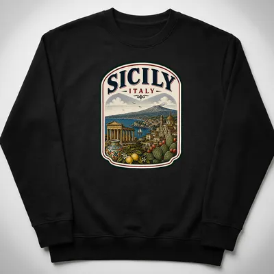 Vintage illustration of Sicily's landscape and architecture with text. — printed on a unisex sweatshirt