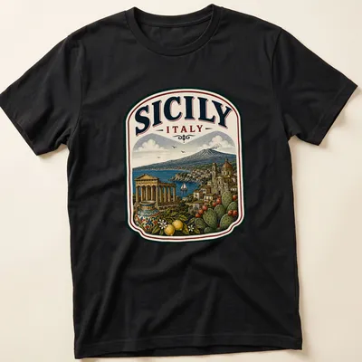 Vintage illustration of Sicily's landscape and architecture with text.