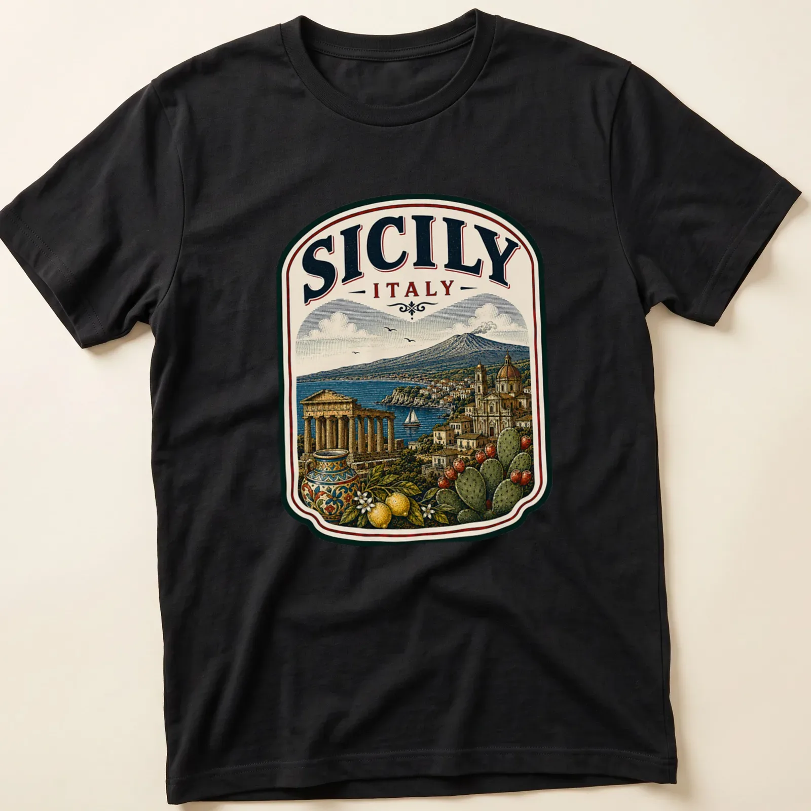 Vintage illustration of Sicily's landscape and architecture with text. — printed on a unisex t-shirt