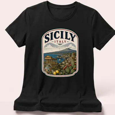 Vintage illustration of Sicily's landscape and architecture with text. — printed on a women's shirt