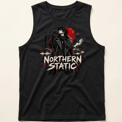 Grunge style t-shirt featuring singer in black coat with text 'NORTHERN STATIC' — printed on a tank top