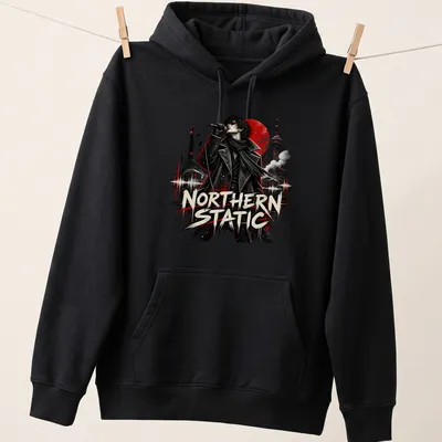 Grunge style t-shirt featuring singer in black coat with text 'NORTHERN STATIC' — printed on a unisex hoodie