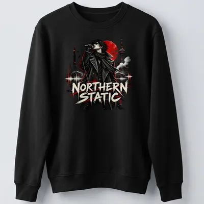 Grunge style t-shirt featuring singer in black coat with text 'NORTHERN STATIC' — printed on a unisex sweatshirt