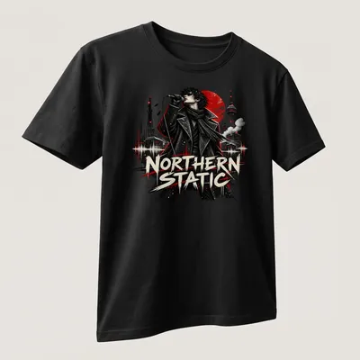 Grunge style t-shirt featuring singer in black coat with text 'NORTHERN STATIC' — printed on a unisex t-shirt (angled view)