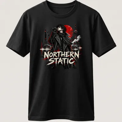 Grunge style t-shirt featuring singer in black coat with text 'NORTHERN STATIC'