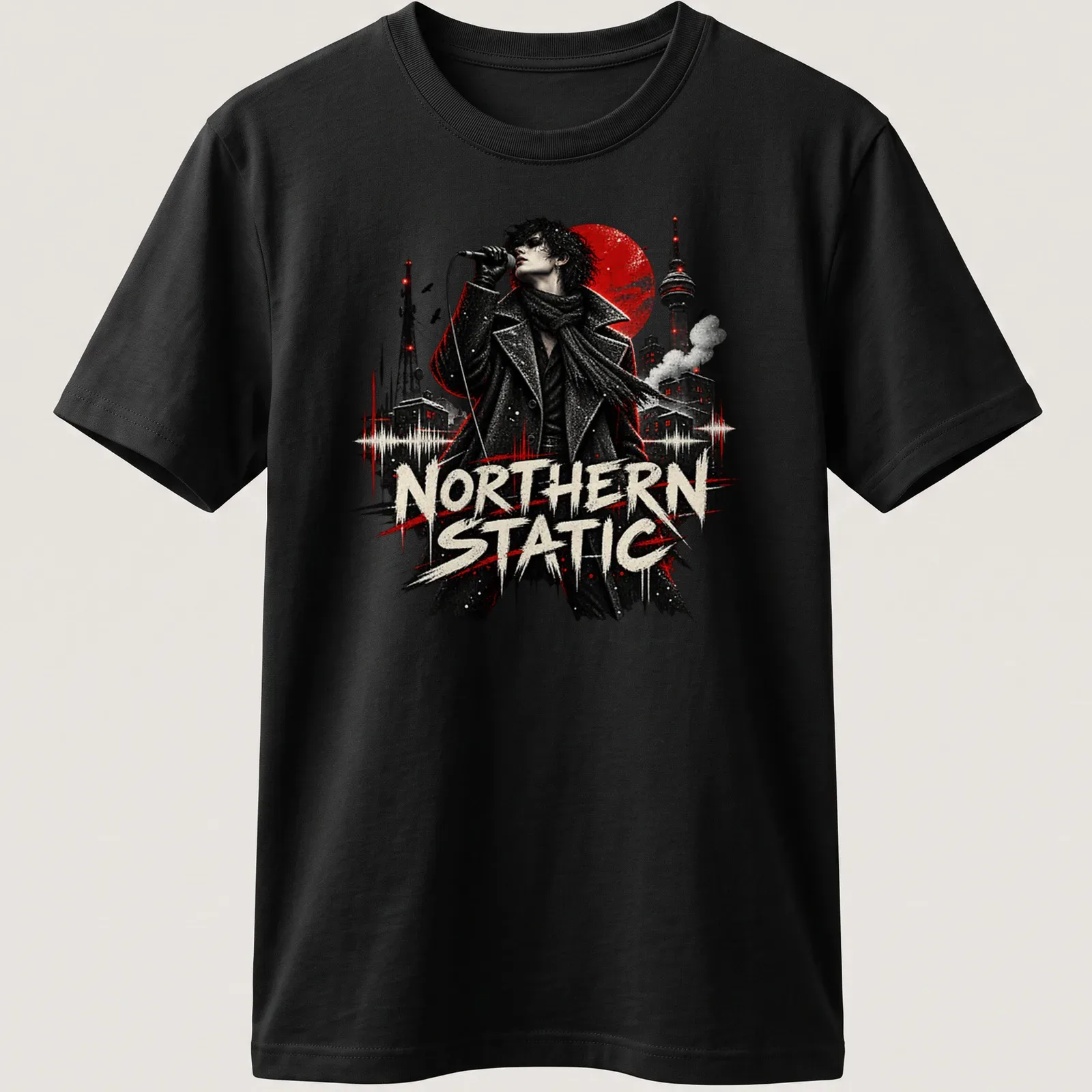 Grunge style t-shirt featuring singer in black coat with text 'NORTHERN STATIC' — printed on a unisex t-shirt