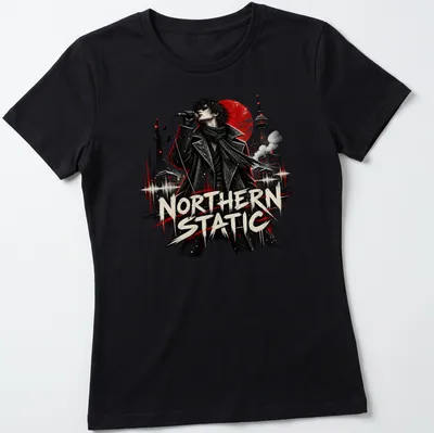 Grunge style t-shirt featuring singer in black coat with text 'NORTHERN STATIC' — printed on a women's shirt