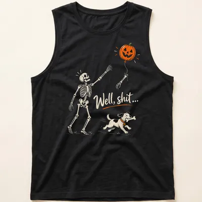 Playful cartoon skeleton dog chasing a pumpkin balloon with humorous text — printed on a tank top
