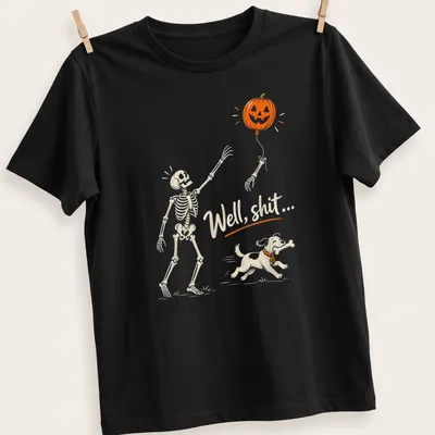 Playful cartoon skeleton dog chasing a pumpkin balloon with humorous text