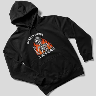 Vintage distressed t-shirt with a thumbs-up skeleton and the text Hang In There It Gets Worse. — printed on a unisex hoodie