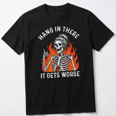 Vintage distressed t-shirt with a thumbs-up skeleton and the text Hang In There It Gets Worse.