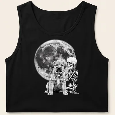 Black and white illustration of a skeleton hugging a dog for Halloween — printed on a tank top