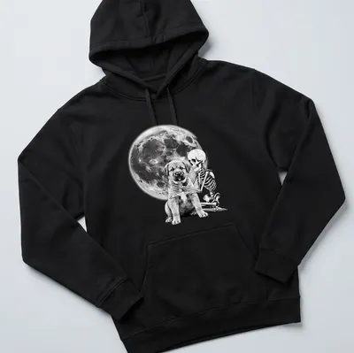 Black and white illustration of a skeleton hugging a dog for Halloween — printed on a unisex hoodie